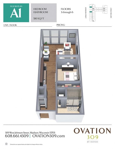 Floor plan for 1 bed, 1 bath, 580 sqft